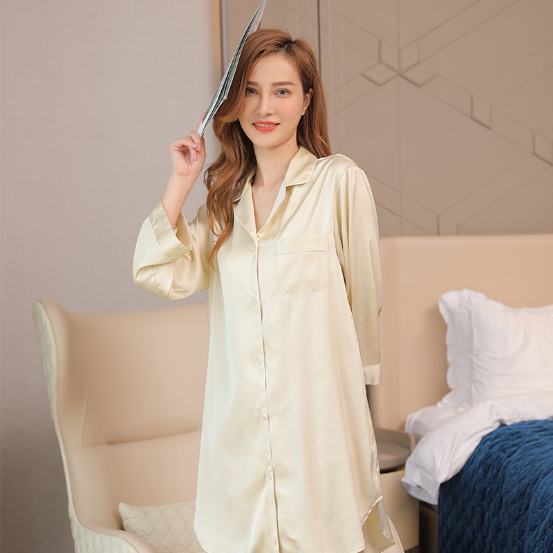 Нощница за лято с дълги ръкави, сатен-шифон, 97% полиестер, тънък плат