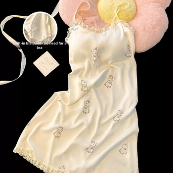 Безръкавна нощница от ледена коприна с вградени подплънки за бюста, V-образно деколте, средна дължина, летно домашно облекло, Fairy-style