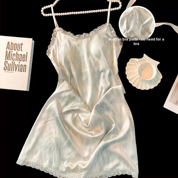 Безръкавна нощница от ледена коприна с вградени подплънки за бюста, V-образно деколте, средна дължина, летно домашно облекло, Fairy-style