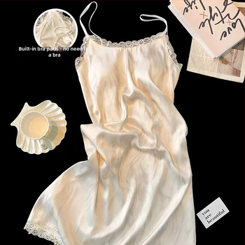 Безръкавна нощница от ледена коприна с вградени подплънки за бюста, V-образно деколте, средна дължина, летно домашно облекло, Fairy-style
