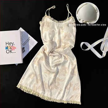 Безръкавна нощница от ледена коприна с вградени подплънки за бюста, V-образно деколте, средна дължина, летно домашно облекло, Fairy-style