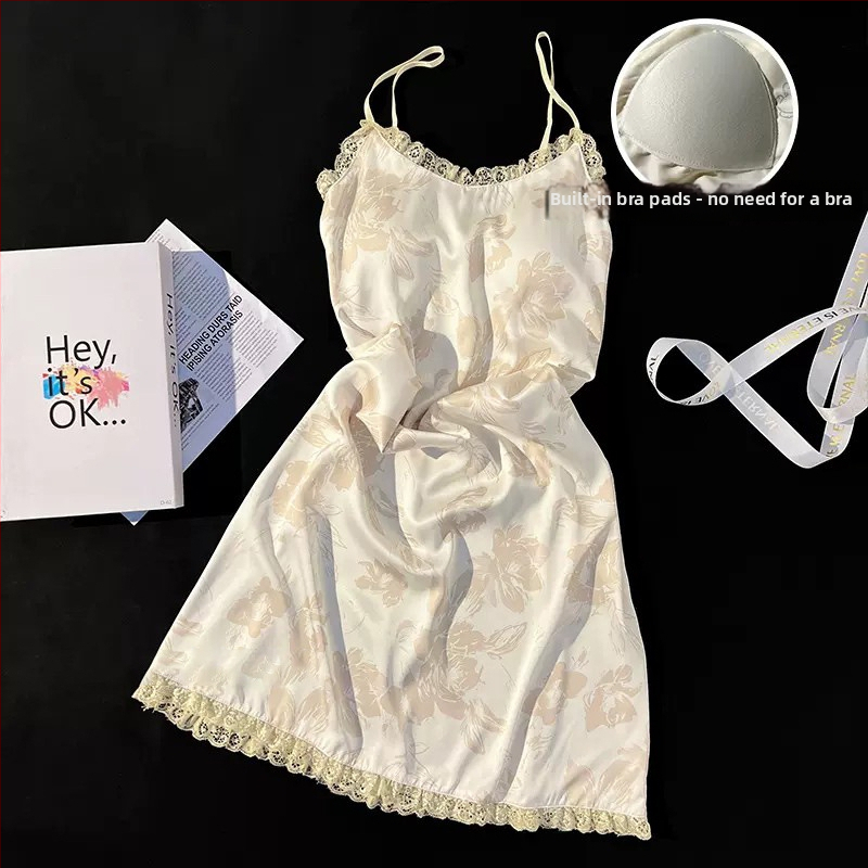 Безръкавна нощница от ледена коприна с вградени подплънки за бюста, V-образно деколте, средна дължина, летно домашно облекло, Fairy-style