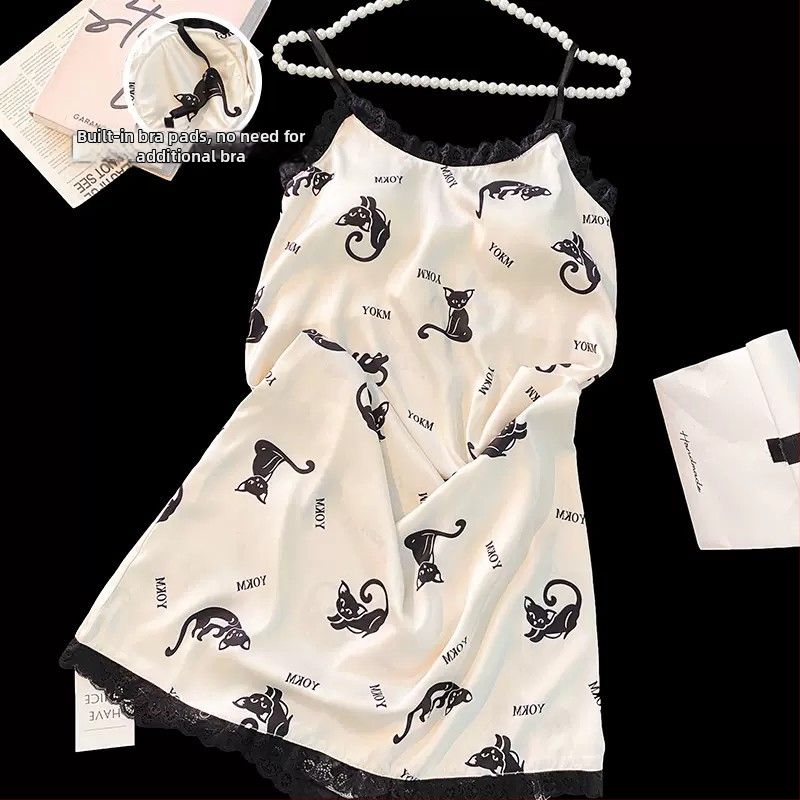 Безръкавна нощница от ледена коприна с вградени подплънки за бюста, V-образно деколте, средна дължина, летно домашно облекло, Fairy-style