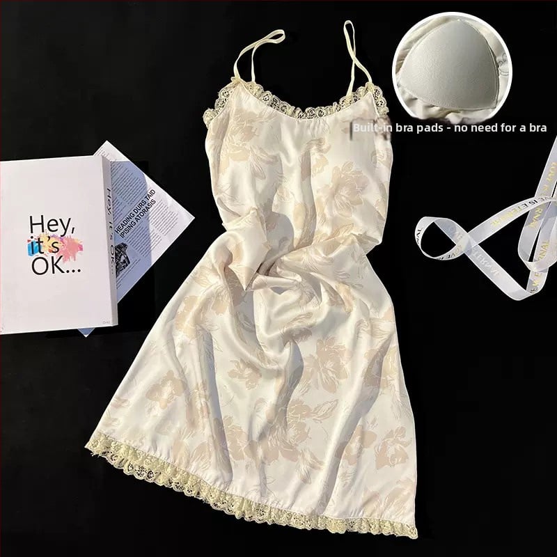 Безръкавна нощница от ледена коприна с вградени подплънки за бюста, V-образно деколте, средна дължина, летно домашно облекло, Fairy-style