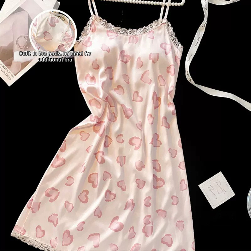 Безръкавна нощница от ледена коприна с вградени подплънки за бюста, V-образно деколте, средна дължина, летно домашно облекло, Fairy-style