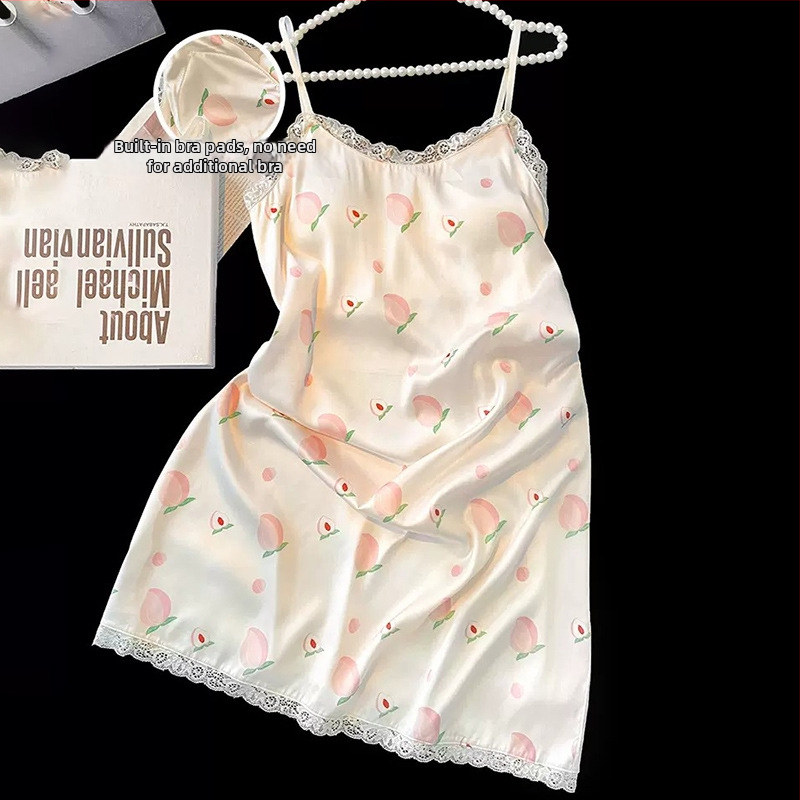 Безръкавна нощница от ледена коприна с вградени подплънки за бюста, V-образно деколте, средна дължина, летно домашно облекло, Fairy-style