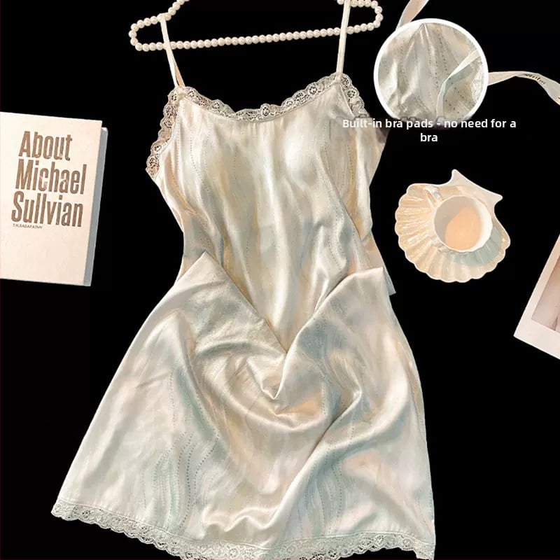Безръкавна нощница от ледена коприна с вградени подплънки за бюста, V-образно деколте, средна дължина, летно домашно облекло, Fairy-style