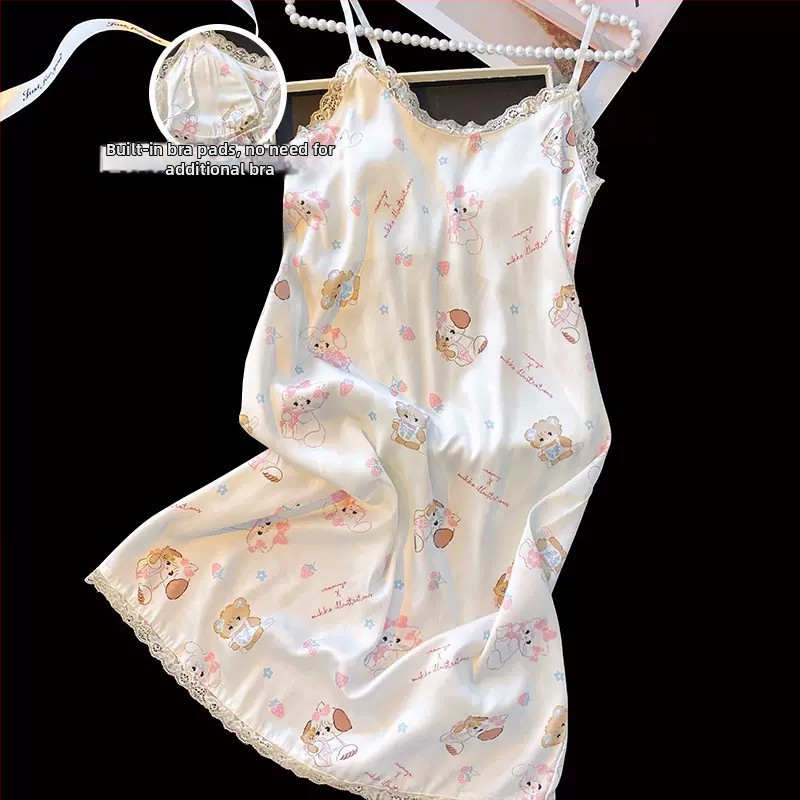 Безръкавна нощница от ледена коприна с вградени подплънки за бюста, V-образно деколте, средна дължина, летно домашно облекло, Fairy-style