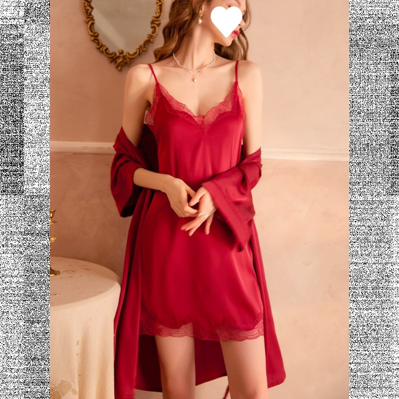 Комплект дантелена нощница, V-образно деколте, без ръкави, средна дължина, 95–100% найлон