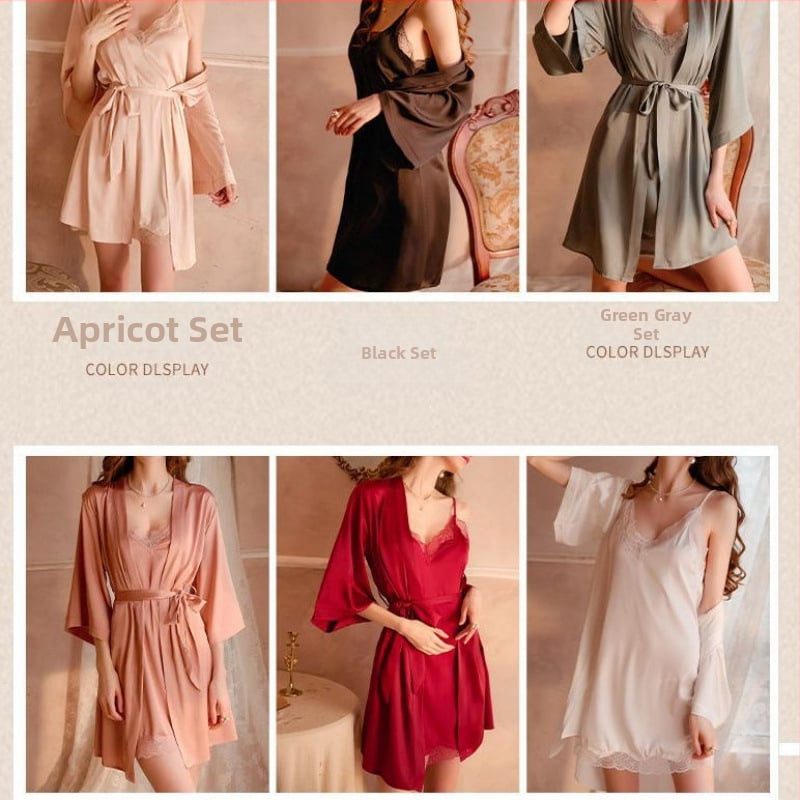 Комплект дантелена нощница, V-образно деколте, без ръкави, средна дължина, 95–100% найлон