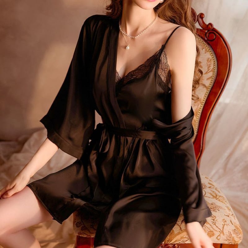 Комплект дантелена нощница, V-образно деколте, без ръкави, средна дължина, 95–100% найлон