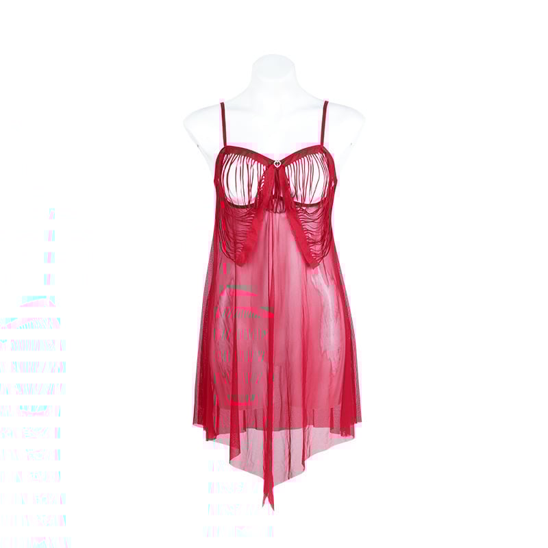 Секси дантелена нощница с пискюли (Дантела, Найлон, Прозрачен дизайн, V-образно деколте, Без ръкави)