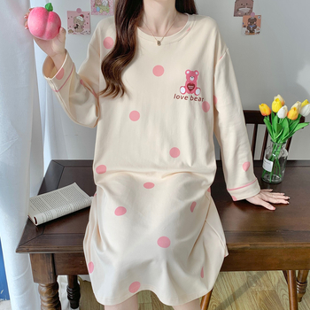 Дамска памучна нощница за бременни, дълъг ръкав, кръгло деколте, средна дължина, карикатурен дизайн