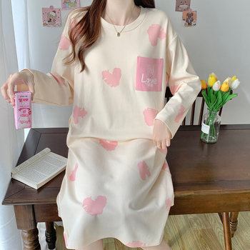 Дамска памучна нощница за бременни, дълъг ръкав, кръгло деколте, средна дължина, карикатурен дизайн