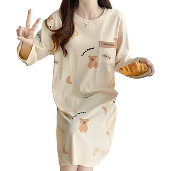 Дамска памучна нощница за бременни, дълъг ръкав, кръгло деколте, средна дължина, карикатурен дизайн