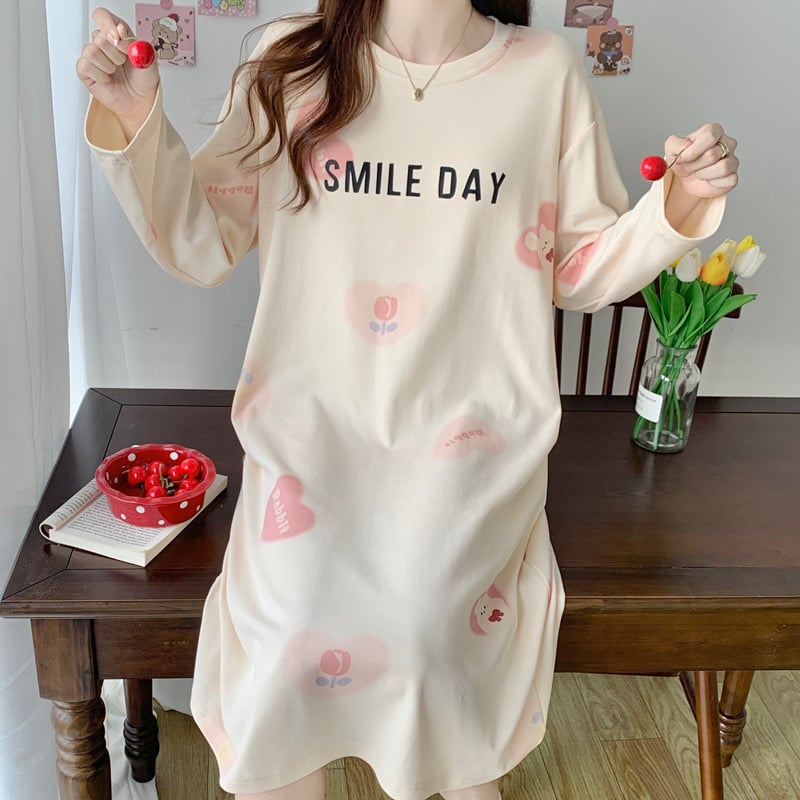 Дамска памучна нощница за бременни, дълъг ръкав, кръгло деколте, средна дължина, карикатурен дизайн