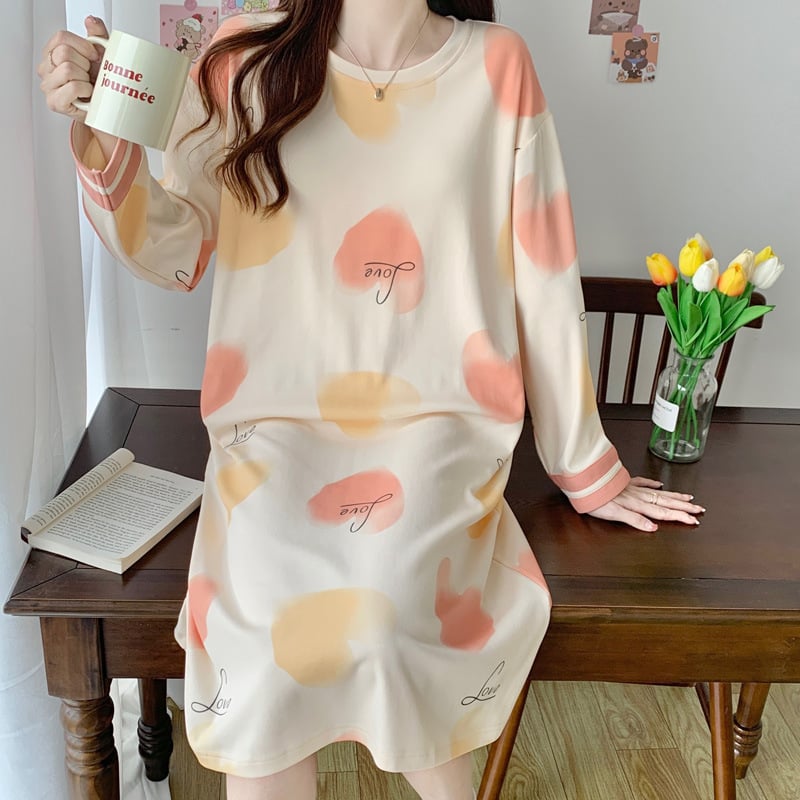 Дамска памучна нощница за бременни, дълъг ръкав, кръгло деколте, средна дължина, карикатурен дизайн