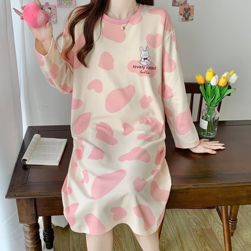 Дамска памучна нощница за бременни, дълъг ръкав, кръгло деколте, средна дължина, карикатурен дизайн