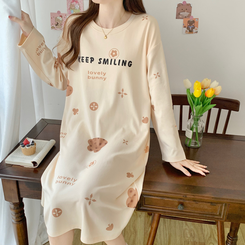 Дамска памучна нощница за бременни, дълъг ръкав, кръгло деколте, средна дължина, карикатурен дизайн