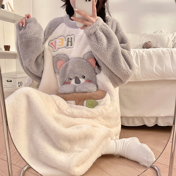 Плюшена флийс нощница за жени, модел едно парче, дебелина 251–300 г/м², кръгло деколте, дълги ръкави