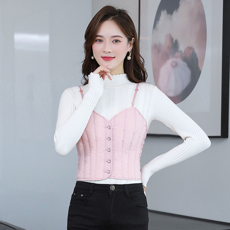 Sieviešu dūnu veste, šaurs piegriezums, balta pīļu dūnu pildījums 81–85%, īss garums 40–50 cm, poliesteršķiedra