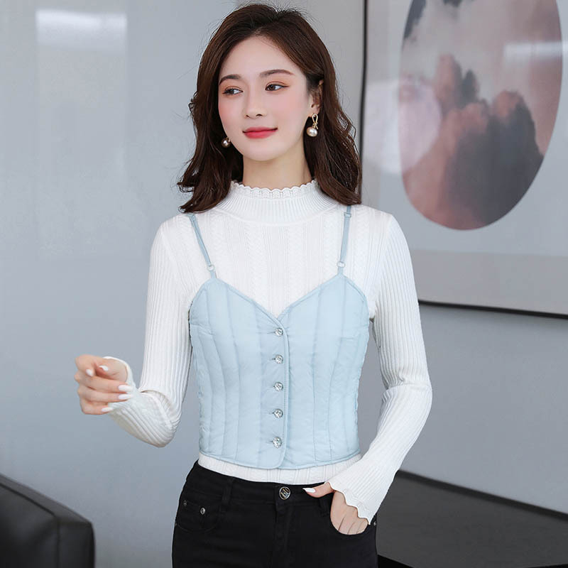 Sieviešu dūnu veste, šaurs piegriezums, balta pīļu dūnu pildījums 81–85%, īss garums 40–50 cm, poliesteršķiedra