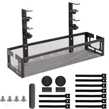 Kabeļu organizētājs zem galda – bez urbšanas, regulējam, pārvietojams, dzelzs malas galda uzglabāšanas plaukts (Dzelzs • 1 līmenis • Uzstādīšana uz galda)