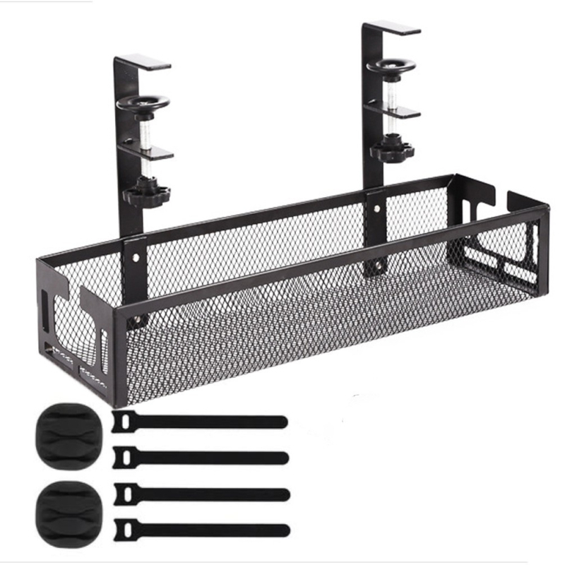 Kabeļu organizētājs zem galda – bez urbšanas, regulējam, pārvietojams, dzelzs malas galda uzglabāšanas plaukts (Dzelzs • 1 līmenis • Uzstādīšana uz galda)