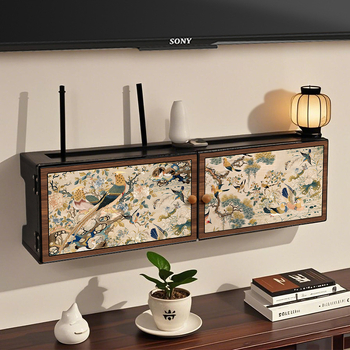 Sienas uzstādājamais bezvadu maršrutētāja uzglabāšanas kastīte ar ziedu un putnu dekoru, uzstādīšana bez urbšanas, slēgtais kabelu skapis, 6 nodalījumi