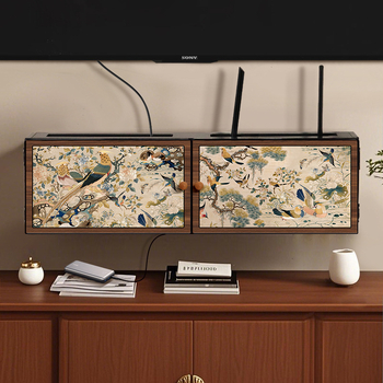 Sienas uzstādājamais bezvadu maršrutētāja uzglabāšanas kastīte ar ziedu un putnu dekoru, uzstādīšana bez urbšanas, slēgtais kabelu skapis, 6 nodalījumi