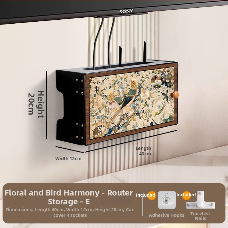 Sienas uzstādājamais bezvadu maršrutētāja uzglabāšanas kastīte ar ziedu un putnu dekoru, uzstādīšana bez urbšanas, slēgtais kabelu skapis, 6 nodalījumi