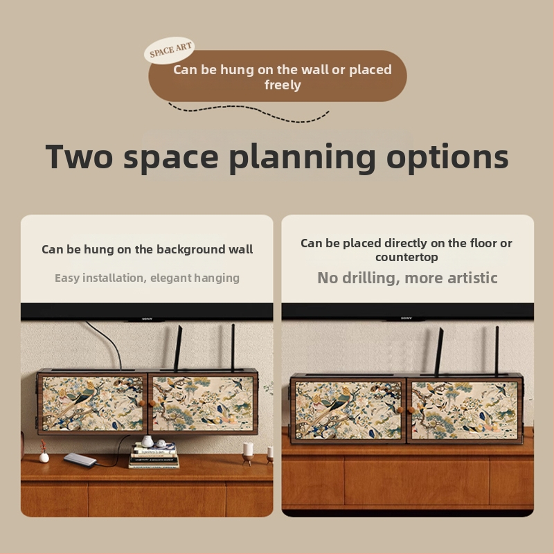 Sienas uzstādājamais bezvadu maršrutētāja uzglabāšanas kastīte ar ziedu un putnu dekoru, uzstādīšana bez urbšanas, slēgtais kabelu skapis, 6 nodalījumi