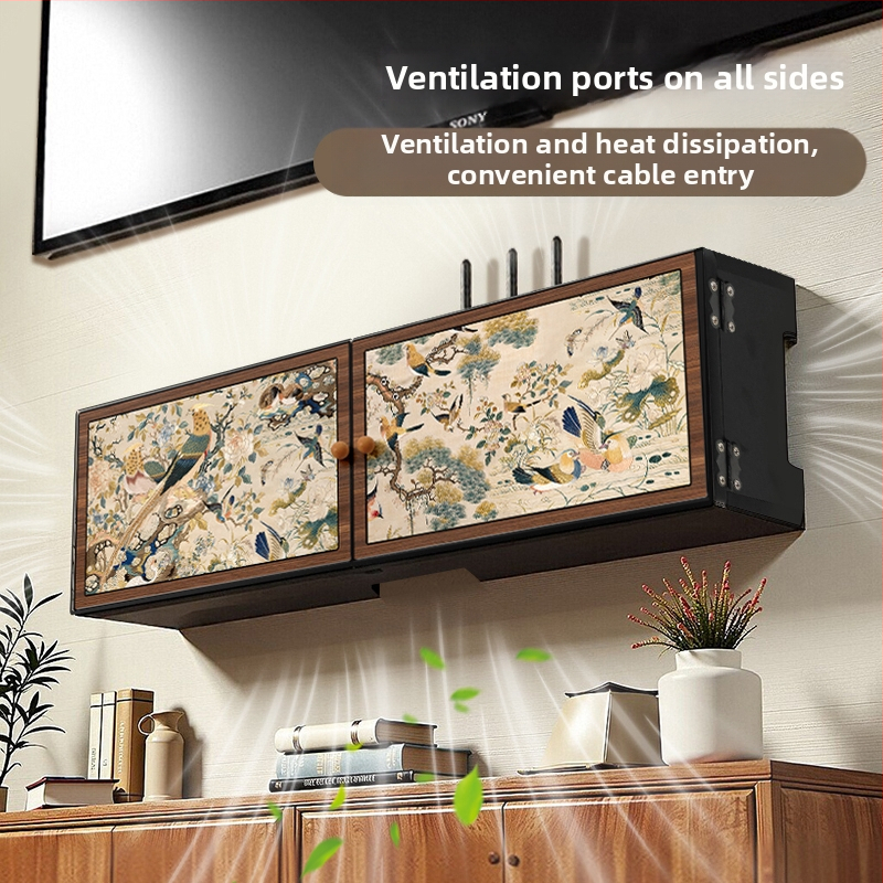 Sienas uzstādājamais bezvadu maršrutētāja uzglabāšanas kastīte ar ziedu un putnu dekoru, uzstādīšana bez urbšanas, slēgtais kabelu skapis, 6 nodalījumi