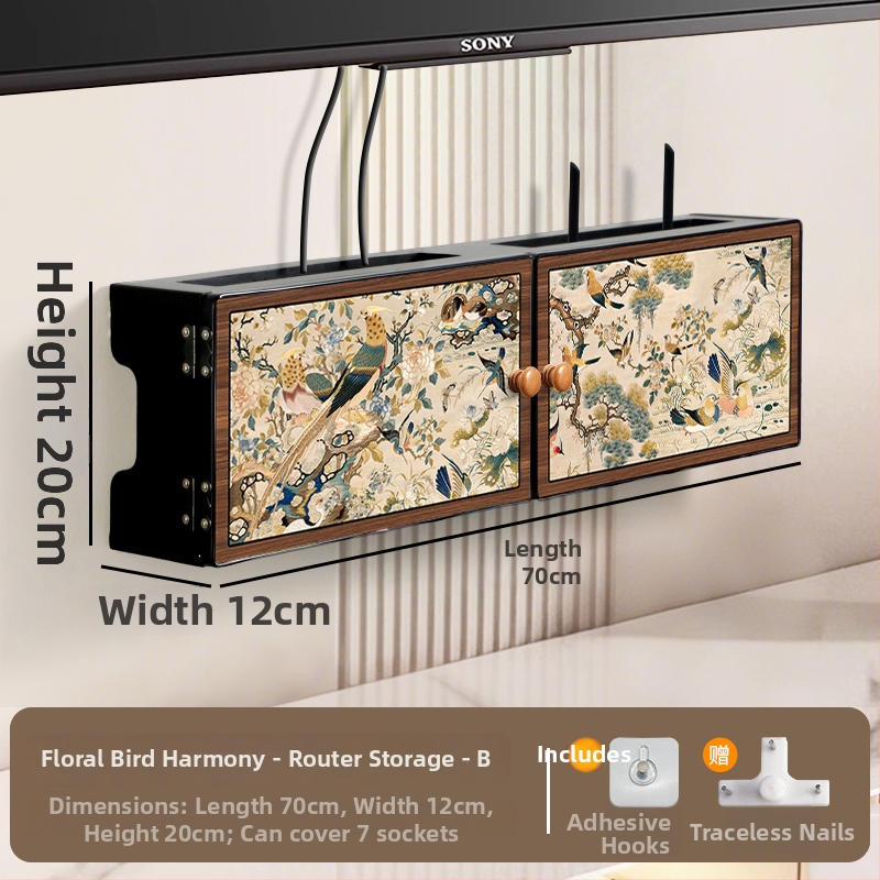 Sienas uzstādājamais bezvadu maršrutētāja uzglabāšanas kastīte ar ziedu un putnu dekoru, uzstādīšana bez urbšanas, slēgtais kabelu skapis, 6 nodalījumi