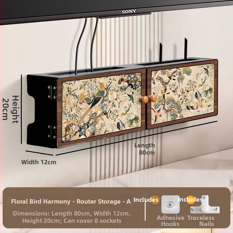 Sienas uzstādājamais bezvadu maršrutētāja uzglabāšanas kastīte ar ziedu un putnu dekoru, uzstādīšana bez urbšanas, slēgtais kabelu skapis, 6 nodalījumi