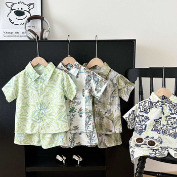 Kunpeng Beile Bērnu īsām piedurknēm krekliņa komplekts ar lakentu apkakli, no mīkstā apstrādes poliestera 95% + elastāna 5%, vecuma grupai 3–8 gadi, raksti: dzīvnieki, svītras, režģis, karikatūras, Pavasaris-Vasaras 2024