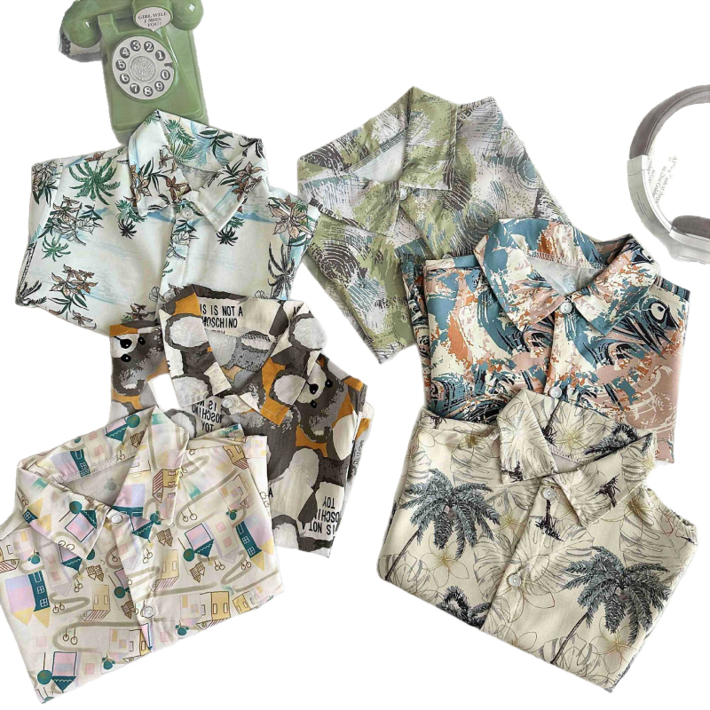 Kunpeng Beile Bērnu īsām piedurknēm krekliņa komplekts ar lakentu apkakli, no mīkstā apstrādes poliestera 95% + elastāna 5%, vecuma grupai 3–8 gadi, raksti: dzīvnieki, svītras, režģis, karikatūras, Pavasaris-Vasaras 2024