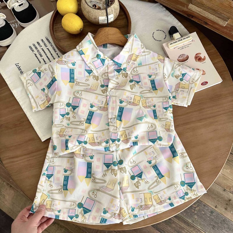 Kunpeng Beile Bērnu īsām piedurknēm krekliņa komplekts ar lakentu apkakli, no mīkstā apstrādes poliestera 95% + elastāna 5%, vecuma grupai 3–8 gadi, raksti: dzīvnieki, svītras, režģis, karikatūras, Pavasaris-Vasaras 2024