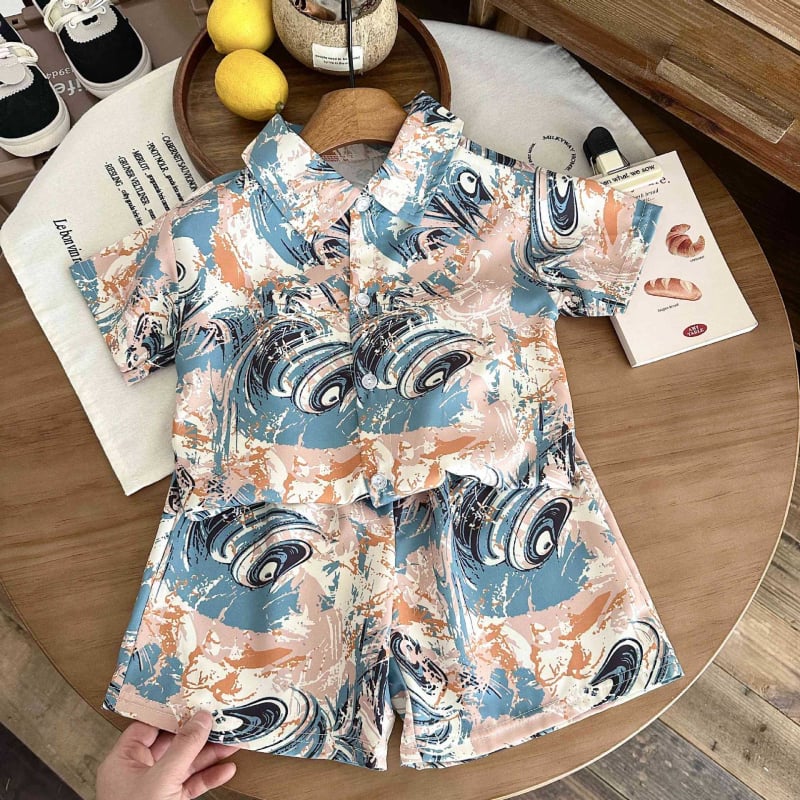 Kunpeng Beile Bērnu īsām piedurknēm krekliņa komplekts ar lakentu apkakli, no mīkstā apstrādes poliestera 95% + elastāna 5%, vecuma grupai 3–8 gadi, raksti: dzīvnieki, svītras, režģis, karikatūras, Pavasaris-Vasaras 2024