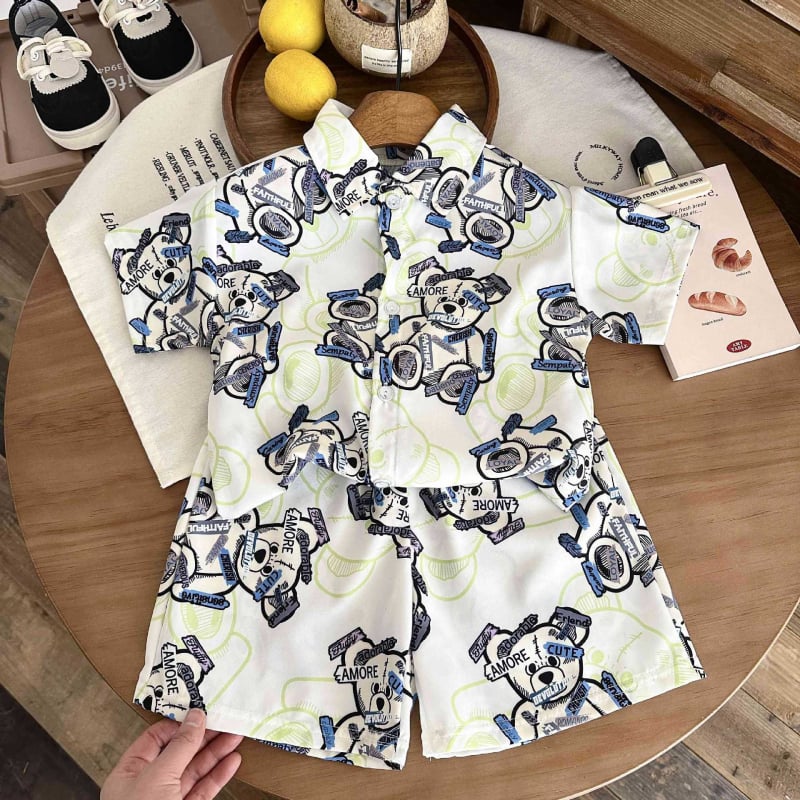 Kunpeng Beile Bērnu īsām piedurknēm krekliņa komplekts ar lakentu apkakli, no mīkstā apstrādes poliestera 95% + elastāna 5%, vecuma grupai 3–8 gadi, raksti: dzīvnieki, svītras, režģis, karikatūras, Pavasaris-Vasaras 2024