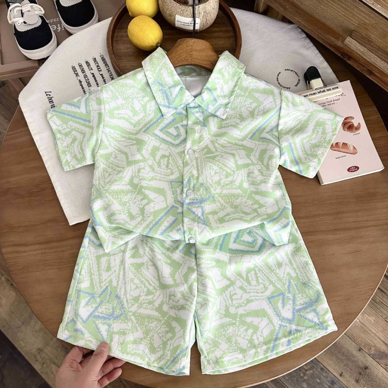 Kunpeng Beile Bērnu īsām piedurknēm krekliņa komplekts ar lakentu apkakli, no mīkstā apstrādes poliestera 95% + elastāna 5%, vecuma grupai 3–8 gadi, raksti: dzīvnieki, svītras, režģis, karikatūras, Pavasaris-Vasaras 2024