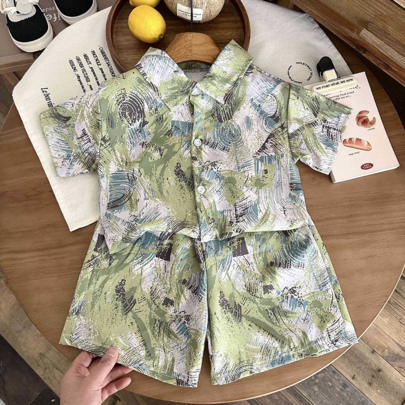 Kunpeng Beile Bērnu īsām piedurknēm krekliņa komplekts ar lakentu apkakli, no mīkstā apstrādes poliestera 95% + elastāna 5%, vecuma grupai 3–8 gadi, raksti: dzīvnieki, svītras, režģis, karikatūras, Pavasaris-Vasaras 2024