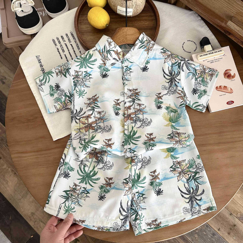 Kunpeng Beile Bērnu īsām piedurknēm krekliņa komplekts ar lakentu apkakli, no mīkstā apstrādes poliestera 95% + elastāna 5%, vecuma grupai 3–8 gadi, raksti: dzīvnieki, svītras, režģis, karikatūras, Pavasaris-Vasaras 2024