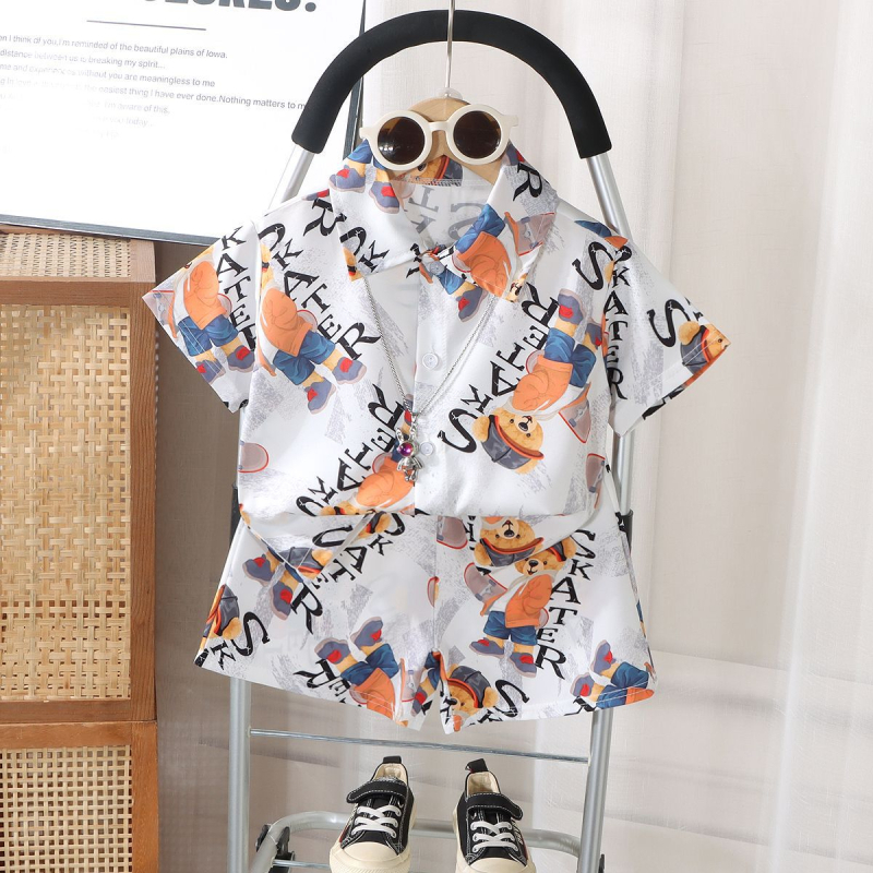 Kunpeng Beile Bērnu īsām piedurknēm krekliņa komplekts ar lakentu apkakli, no mīkstā apstrādes poliestera 95% + elastāna 5%, vecuma grupai 3–8 gadi, raksti: dzīvnieki, svītras, režģis, karikatūras, Pavasaris-Vasaras 2024