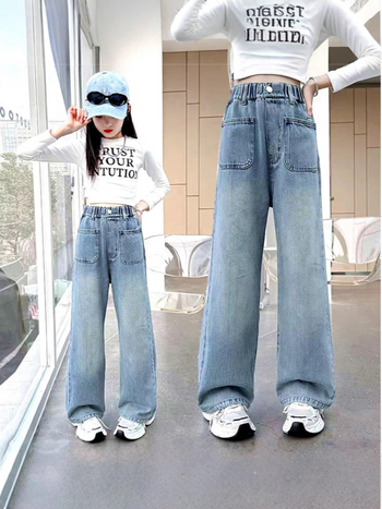 Meiteņu džinsi, ikdienas stilā, 79% kokvilna, vidēji augsts jostas līmenis, bērniem no 8 gadu vecuma