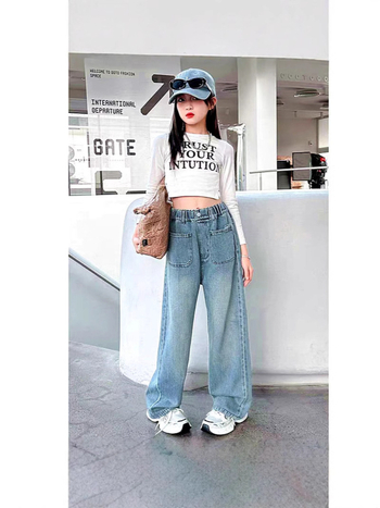 Meiteņu džinsi, ikdienas stilā, 79% kokvilna, vidēji augsts jostas līmenis, bērniem no 8 gadu vecuma