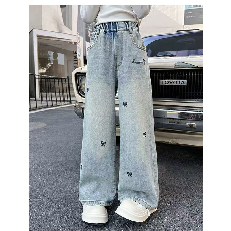 Meiteņu džinsi, ikdienas stilā, 79% kokvilna, vidēji augsts jostas līmenis, bērniem no 8 gadu vecuma