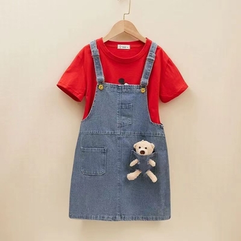 Meitenēm džinsa svārku komplekts ar bremzēm – divu daļu komplekts, īsām piedurknēm, korejiešu stilsā, karikatūras raksts, 95% kokvilnas maisījums