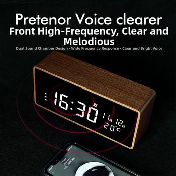Mormon äratuskell, tammest korpus, LED-numbriline display, akudega toidetav elektrooniline liikumine, termomeeter ja nädalapäeva kuvamine
