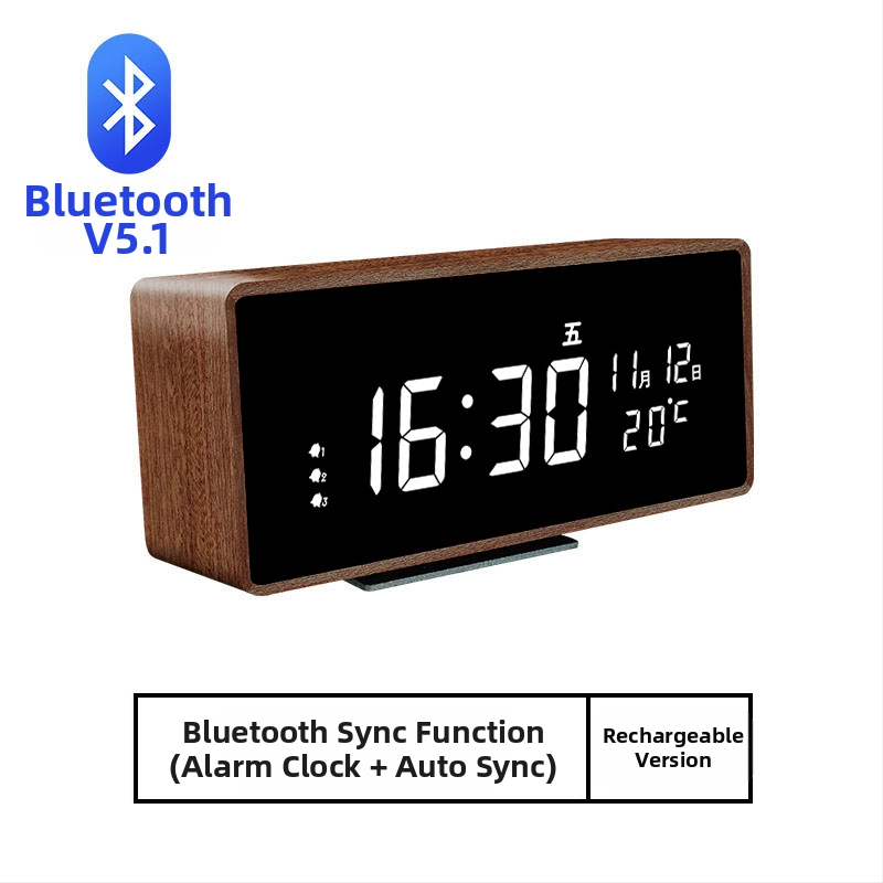 Mormon äratuskell, tammest korpus, LED-numbriline display, akudega toidetav elektrooniline liikumine, termomeeter ja nädalapäeva kuvamine